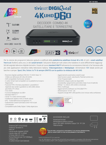 TiVuSat Kaart 4K UHD DIGIQuest Q80 Combo Receiver 4K H.265 S2 T2 HEVC Set-Top Box, gecertificeerde TiVuSat ontvanger met kaart (niet ingeschakeld), mediaspeler, webradio, 150 USB wifi-stick, HTS