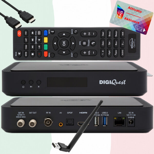 TiVuSat Karte 4K UHD + DIGIQuest Q90 4K H.265 S2+T2 Combo Receiver + 150Mbit WiFi - TiVuSat zertifiziert (Karte aktiviert)