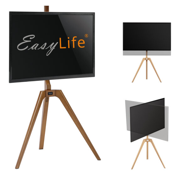 EasyLife - STAFFELEI Tripod Holz TV-Stativ 45 bis 65 Zoll, Schwenkbar & Höhenverstellbar - VESA bis 400x400 (Weiß/ Nussbaum)