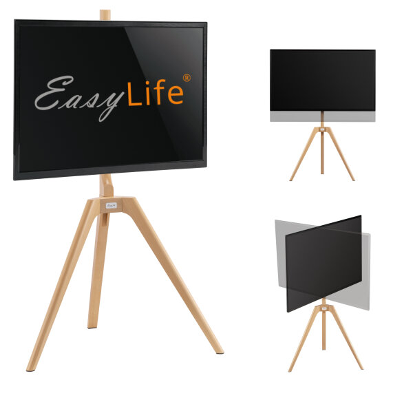 EasyLife - STAFFELEI Tripod Holz TV-Stativ 45 bis 65 Zoll, Schwenkbar & Höhenverstellbar - VESA bis 400x400 (Schwarz/ Buche)