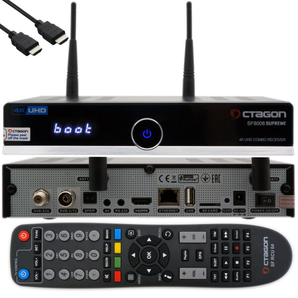 Octagon SF8008 4K COMBO SUPREME UHD E2 DVB-S2X & DVB-C/T2 Linux PVR Receiver mit 2.4/5G Dual-Band WiFi + 1TB M.2 SSD
