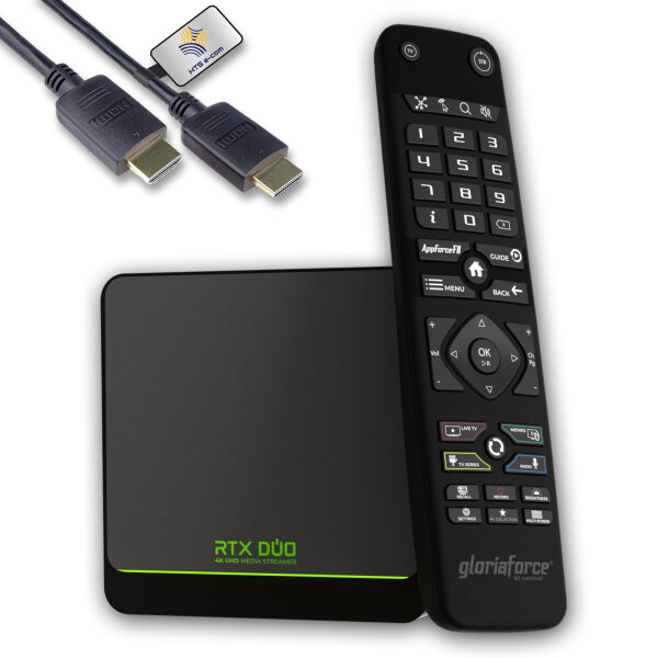 GloriaForce RTX Duo 4K UHD Android 11.0 TV Box 4GB RAM, 64GB Flash, App Force II, Quad core ARM Cortex, 1000 MBps Ethernet und Bluetooth Fernbedienung, Netzteil, HDMI