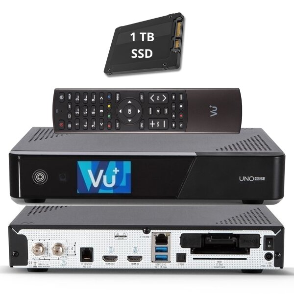 VU+ Uno 4K SE E2 Linux Sat Receiver + 1TB SSD (DVB-S2 FBC Twin Tuner, 4K HDR, HDMI 2.0, USB 3.0, CI + Kartenleser, 2,4" LCD Display, YouTube, TV-Box mit PVR Funktion)
