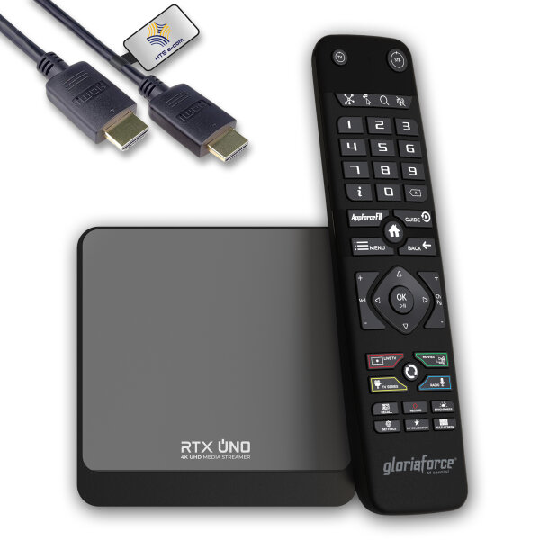 GloriaForce RTX Uno 4K UHD Android 11.0 TV Streaming Box mit App Force II, Quad core ARM Cortex, 1000 MBps Ethernet und Bluetooth Fernbedienung
