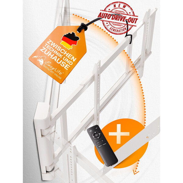 EasyLife TV Wandhalterung 2. Generation elektrisch schwenkbar mit Auto Drive-out Funktion | Anti-Kollision | Ultra-Slim 56 mm | 32–75 Zoll | 50 kg | Weiß