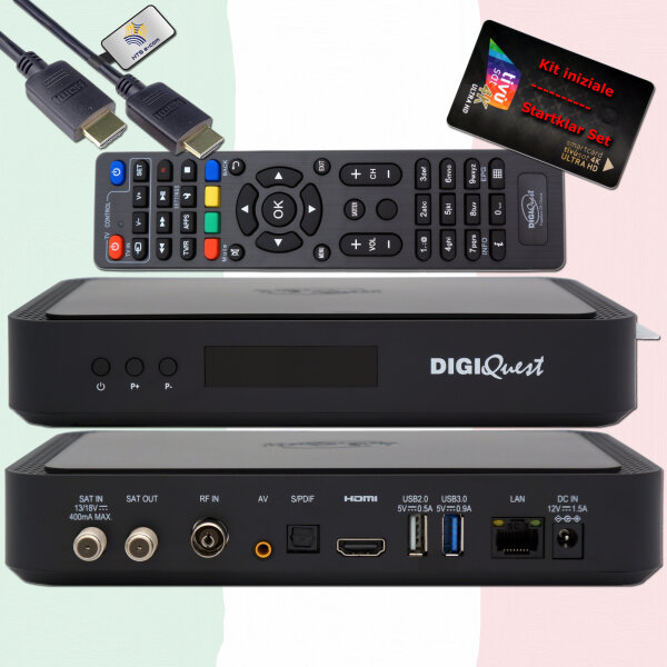TiVuSat Smartcard Schwarz + DIGIQuest Q99 4K UHD H.265 S2+T2 Combo Receiver - tivùsat zertifiziert (bereits aktiviert), HEVC HDR, Rai Mediaset LA7, PVR ready, LAN, inkl. HDMI Kabel