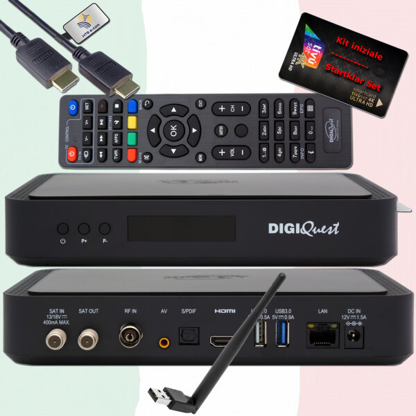 TiVuSat Smartcard Schwarz + DIGIQuest Q99 4K Combo Receiver mit WiFi Stick - tivùsat zertifiziert (bereits aktiviert), HEVC HDR, Rai Mediaset LA7, PVR ready, LAN, inkl. HDMI Kabel