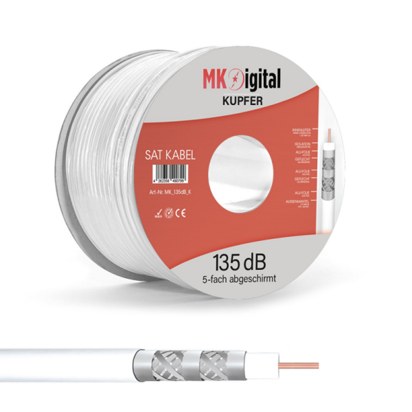 MK-Digital SAT Koaxialkabel 100m Weiß 135dB | Vollkupfer 7mm 5-fach geschirmt für 4K 8K UHD