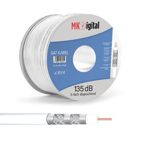 MK-Digital SAT Koaxialkabel 100m Weiß 135dB | Stahl Kupfer 7mm 5-fach geschirmt für 4K 8K UHD